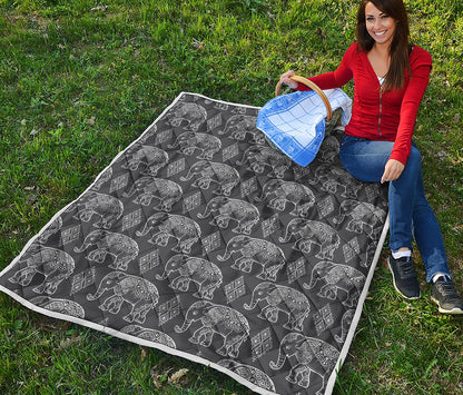 White And Grey Indian Elephant Print Quilt