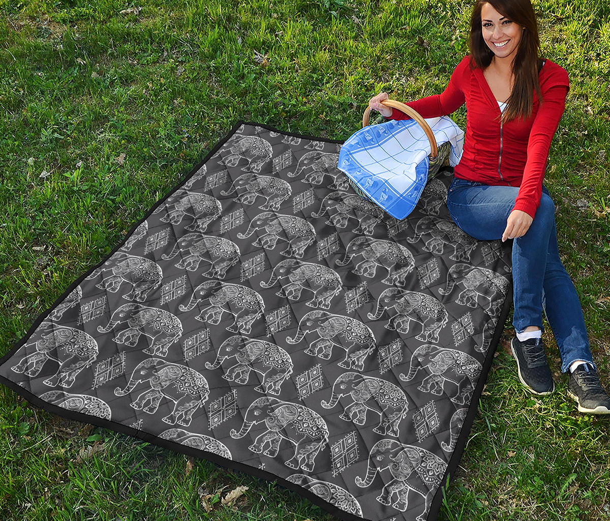 White And Grey Indian Elephant Print Quilt