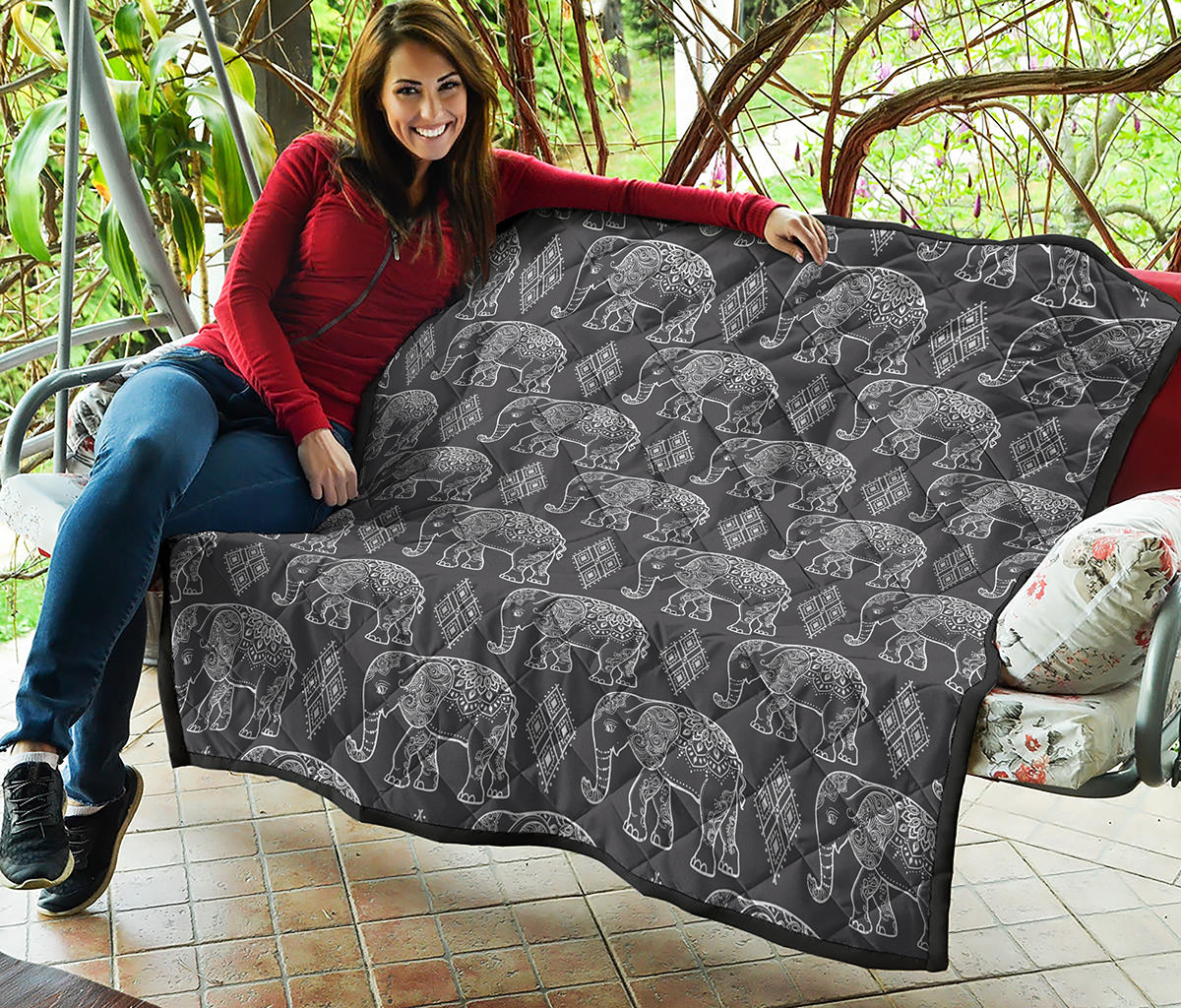 White And Grey Indian Elephant Print Quilt