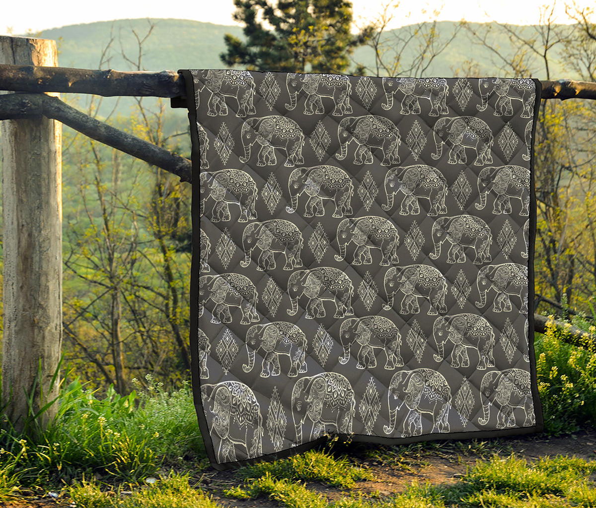 White And Grey Indian Elephant Print Quilt