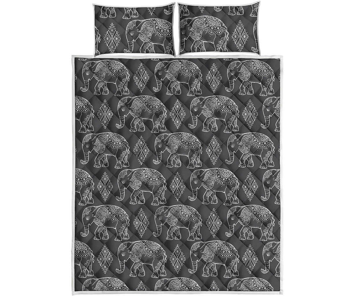 White And Grey Indian Elephant Print Quilt Bed Set