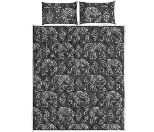 White And Grey Indian Elephant Print Quilt Bed Set