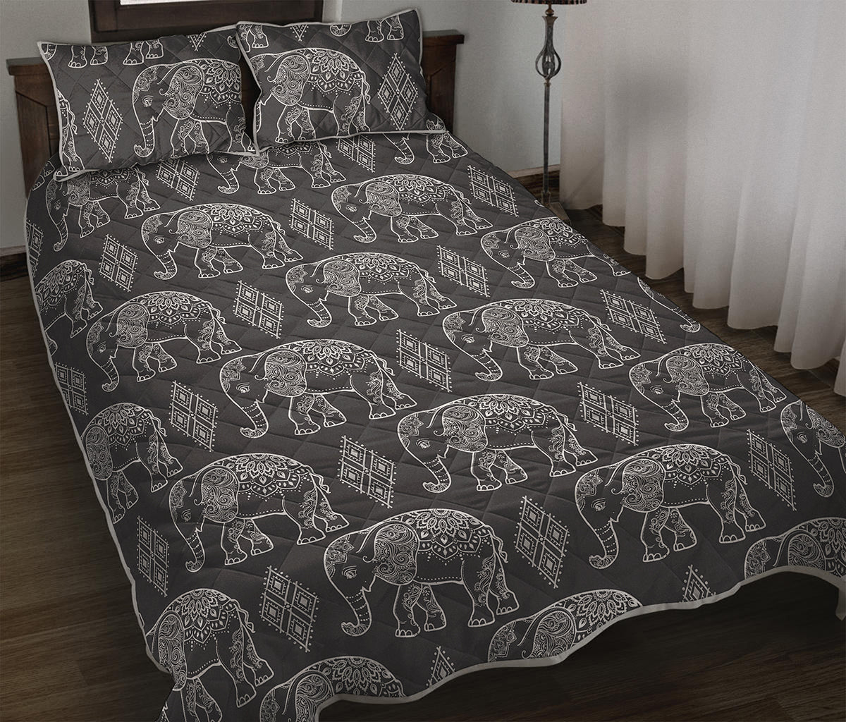 White And Grey Indian Elephant Print Quilt Bed Set