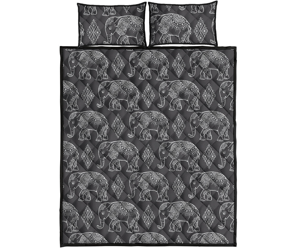 White And Grey Indian Elephant Print Quilt Bed Set