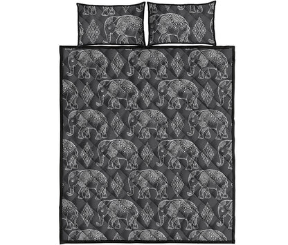 White And Grey Indian Elephant Print Quilt Bed Set