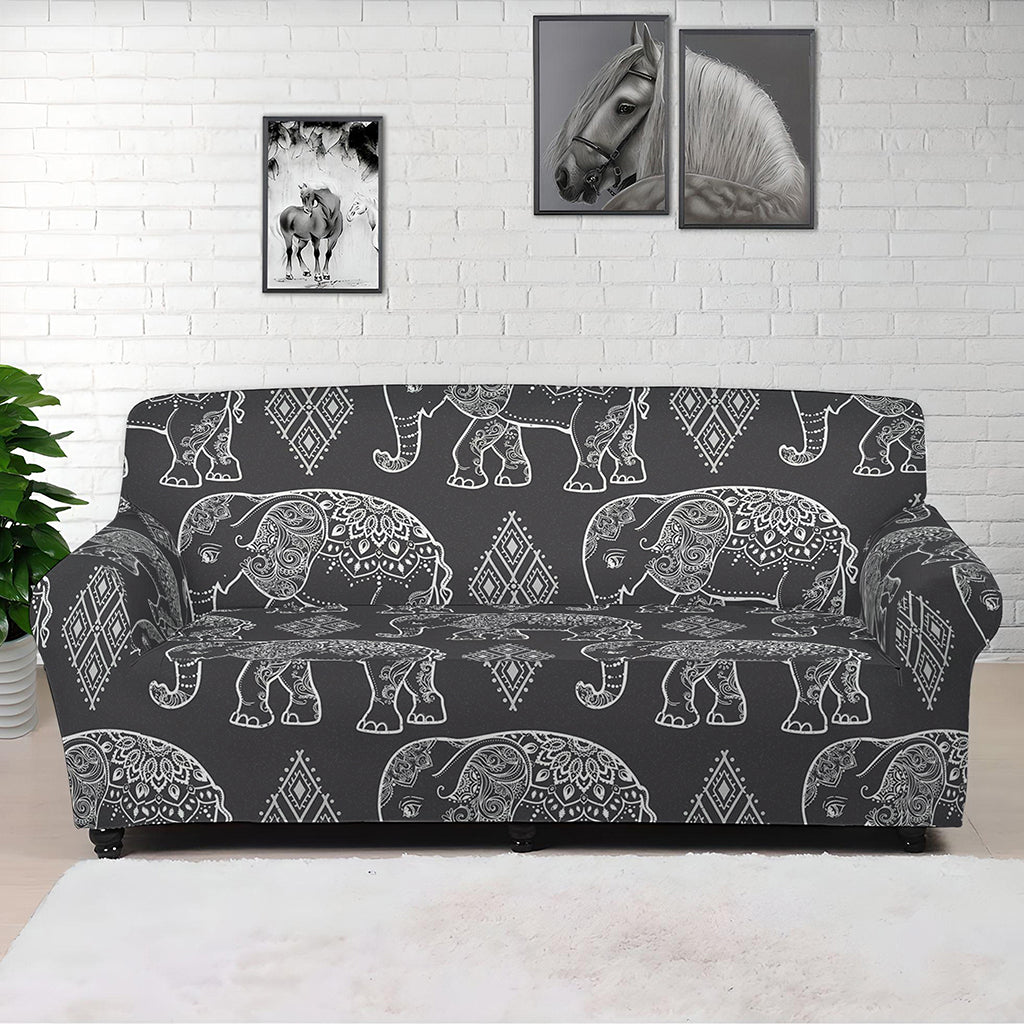White And Grey Indian Elephant Print Sofa Cover