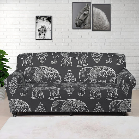 White And Grey Indian Elephant Print Sofa Cover
