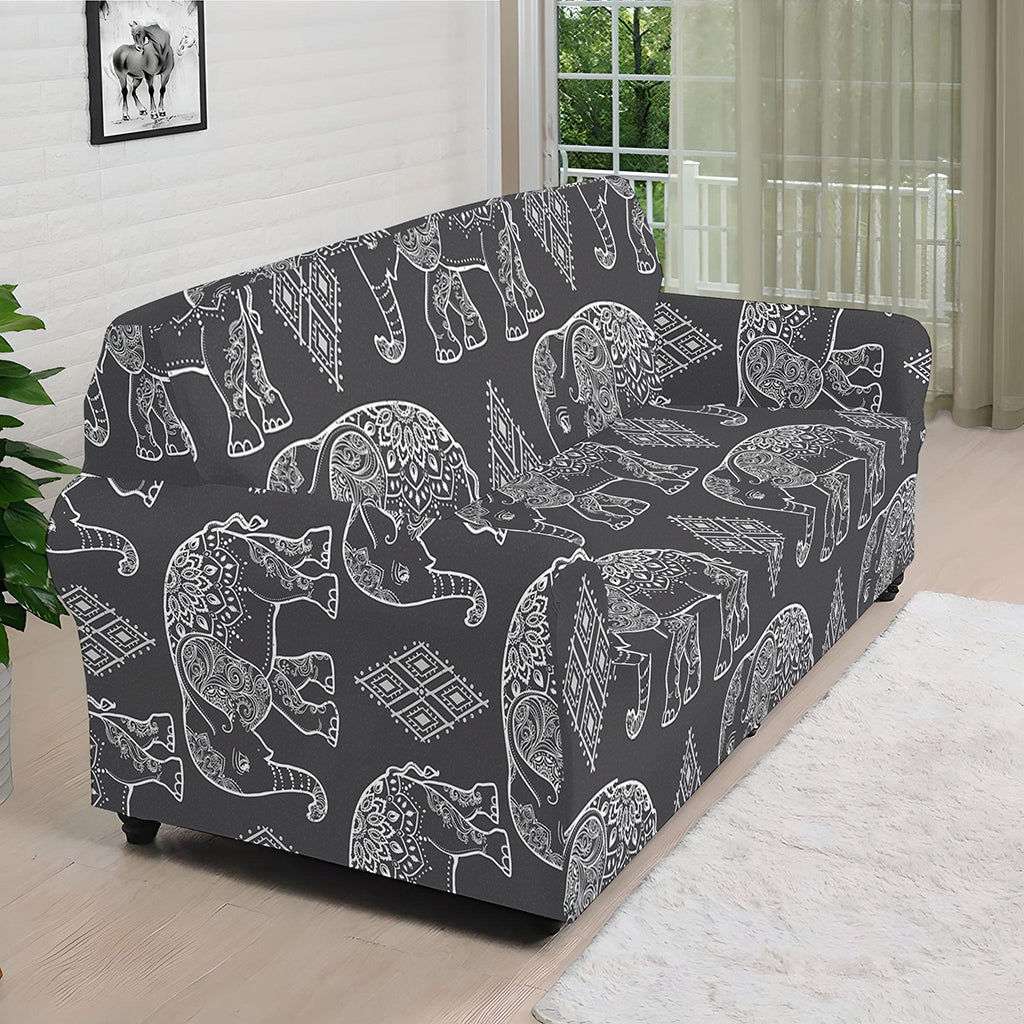 White And Grey Indian Elephant Print Sofa Cover