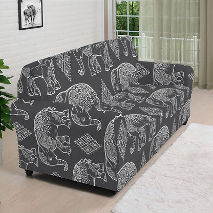 White And Grey Indian Elephant Print Sofa Cover
