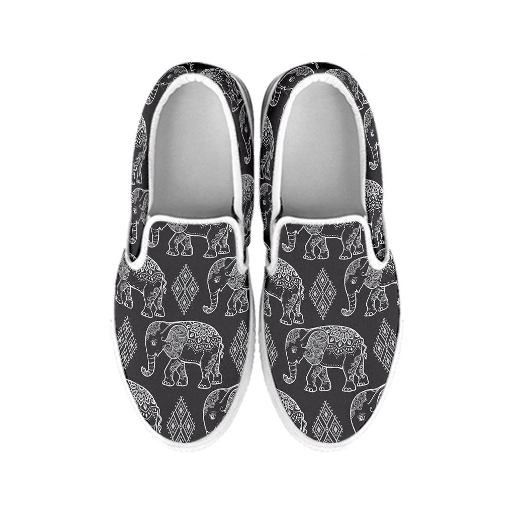 White And Grey Indian Elephant Print White Slip On Shoes