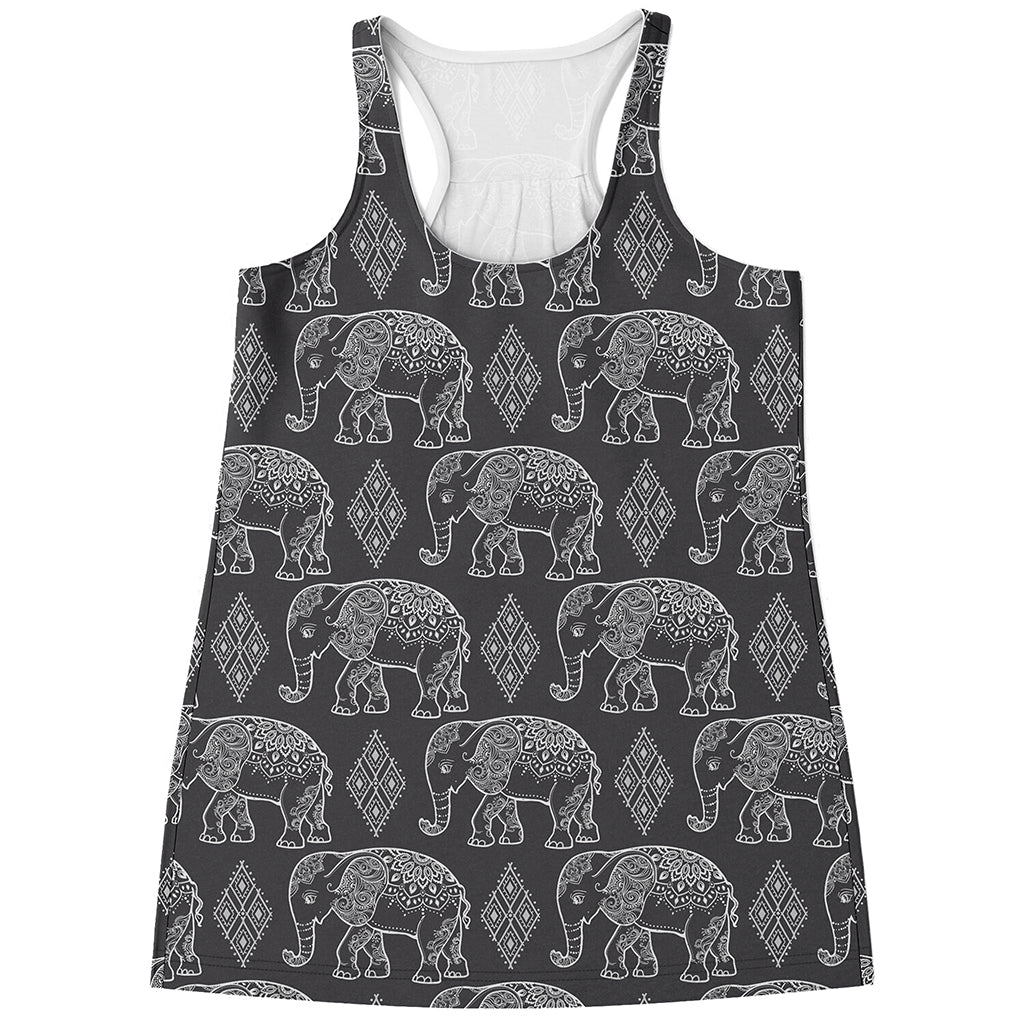 White And Grey Indian Elephant Print Women's Racerback Tank Top