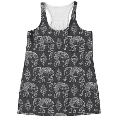 White And Grey Indian Elephant Print Women's Racerback Tank Top