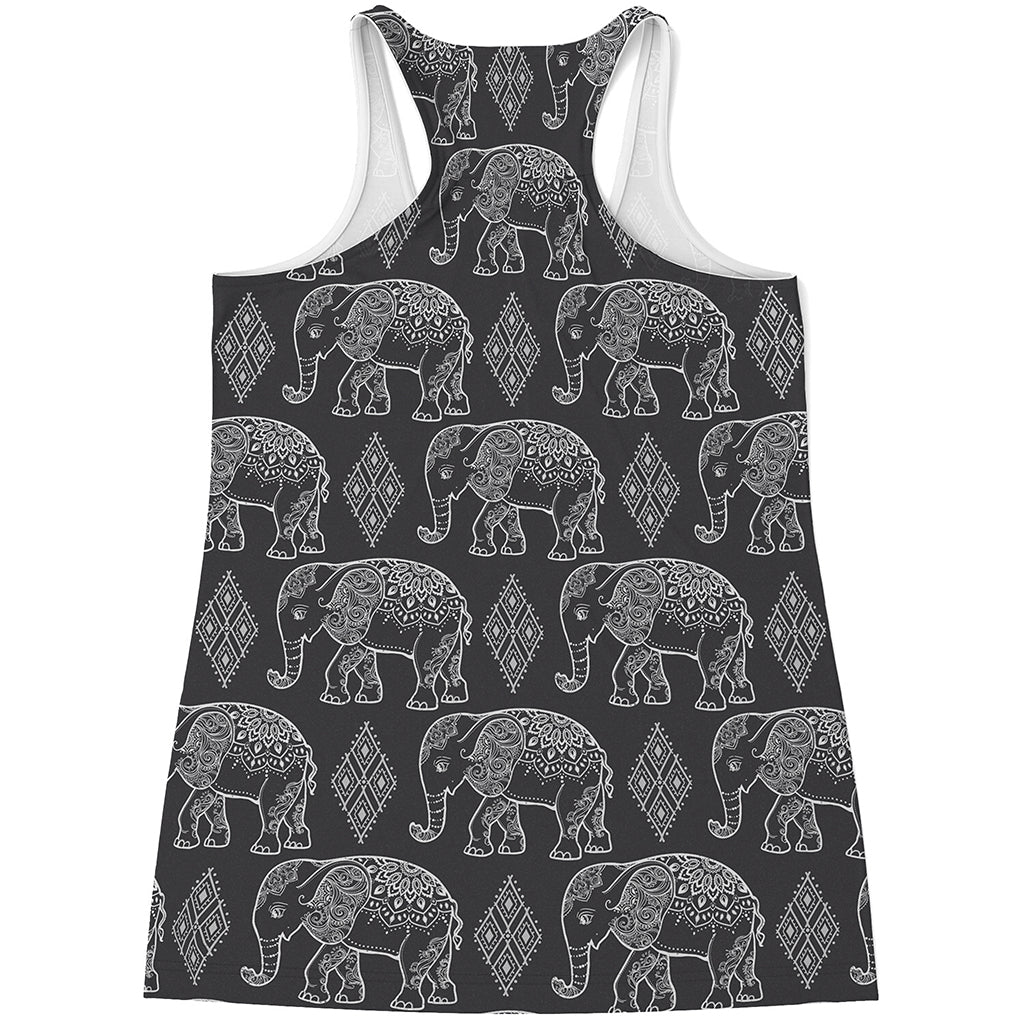 White And Grey Indian Elephant Print Women's Racerback Tank Top