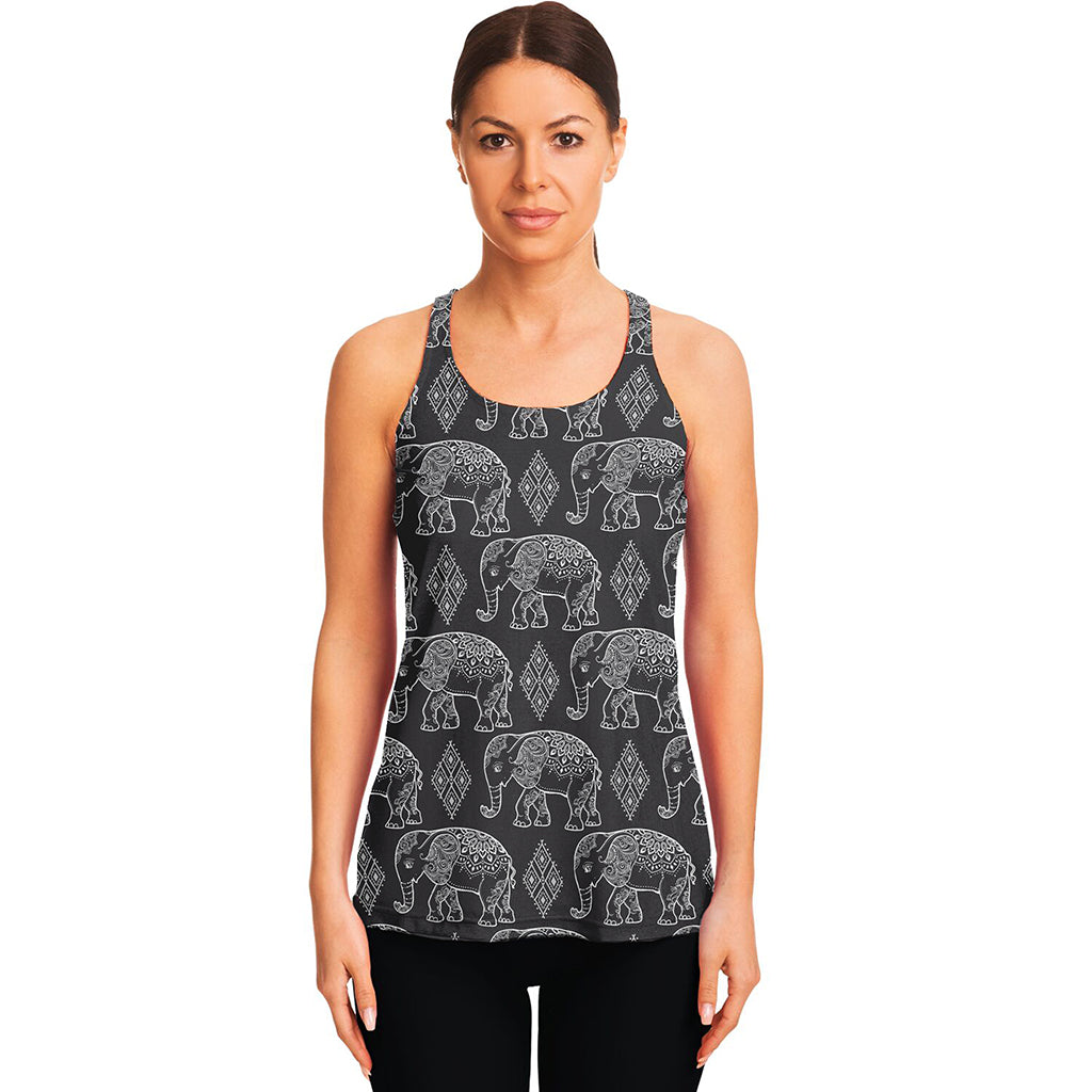 White And Grey Indian Elephant Print Women's Racerback Tank Top