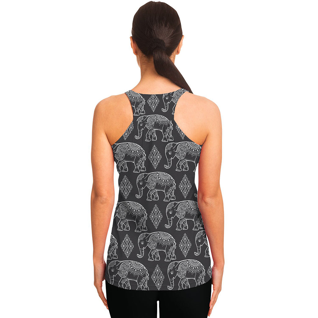 White And Grey Indian Elephant Print Women's Racerback Tank Top