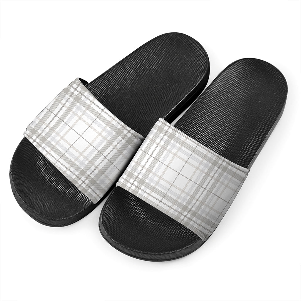 White And Grey Plaid Pattern Print Black Slide Sandals