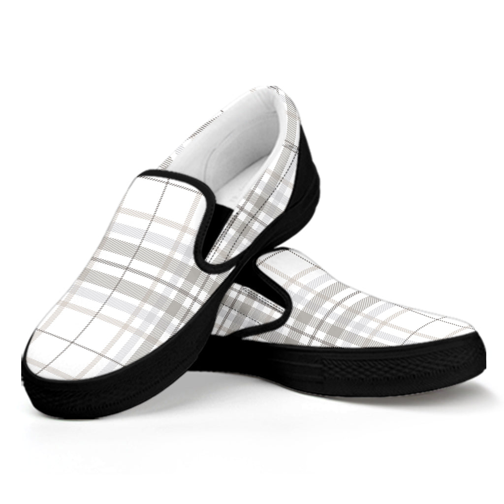 White And Grey Plaid Pattern Print Black Slip On Shoes