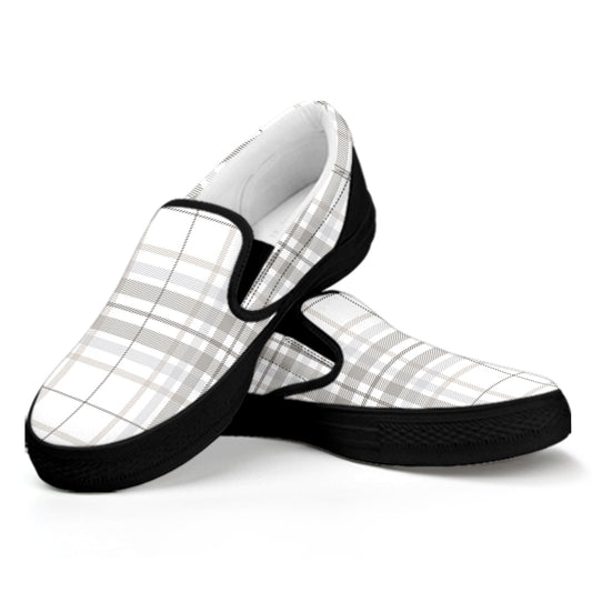White And Grey Plaid Pattern Print Black Slip On Shoes