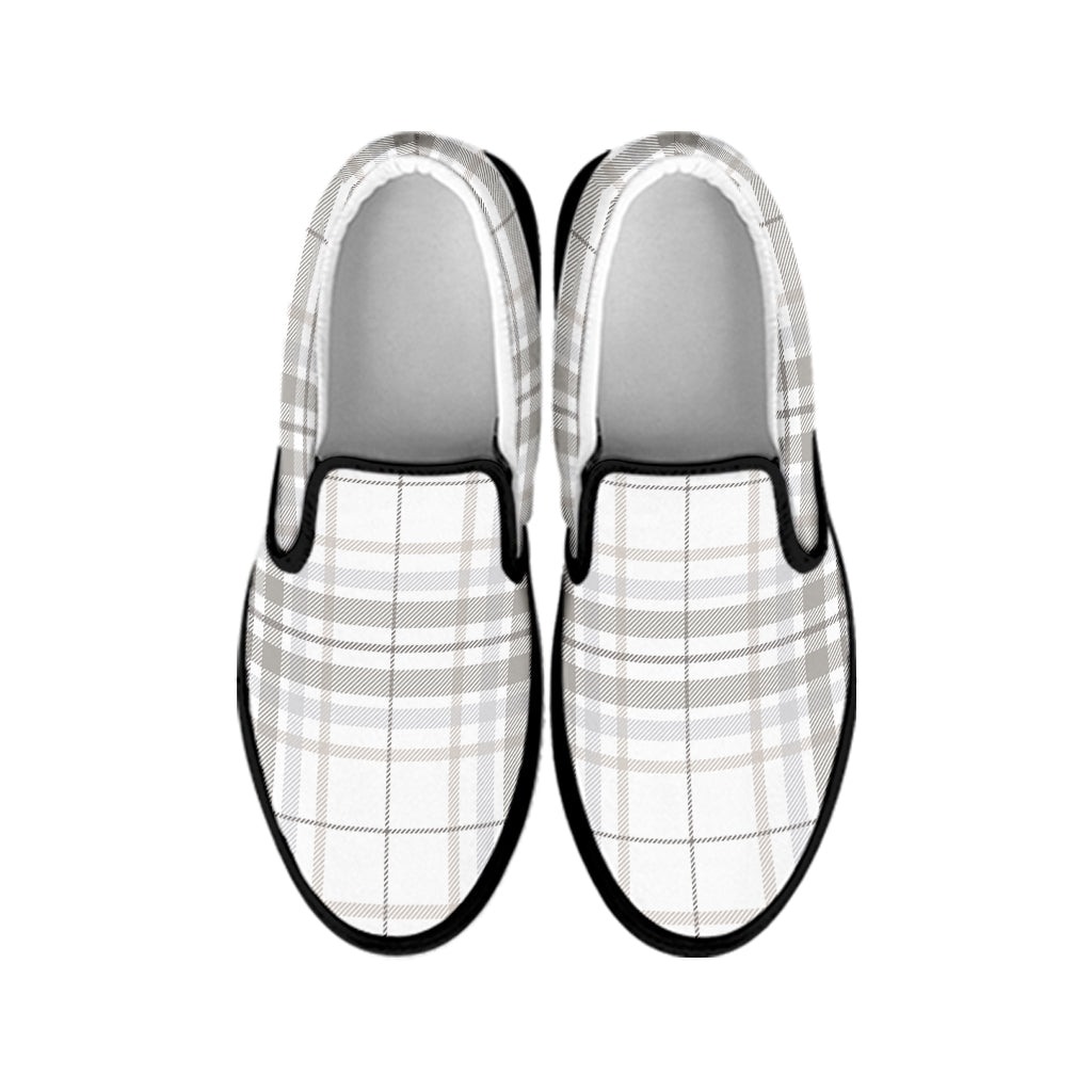 White And Grey Plaid Pattern Print Black Slip On Shoes