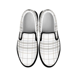 White And Grey Plaid Pattern Print Black Slip On Shoes