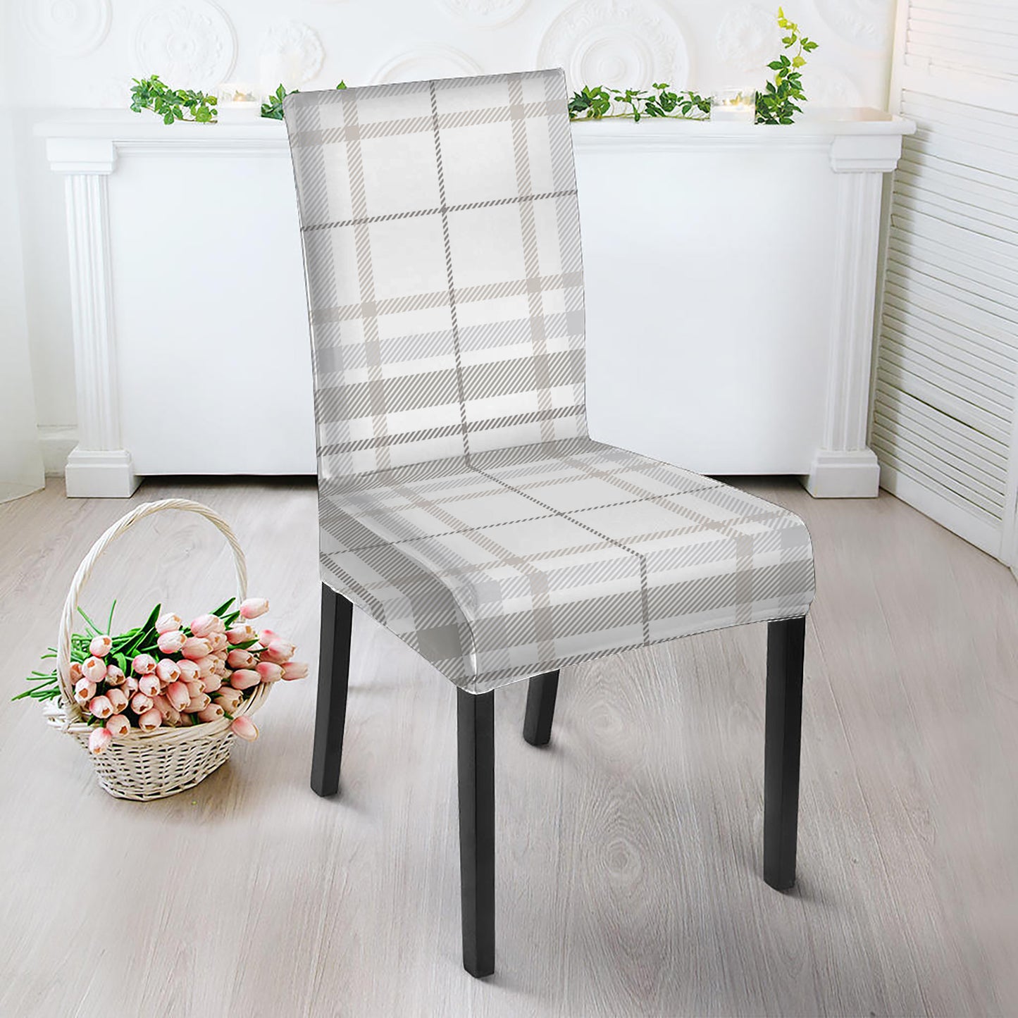 White And Grey Plaid Pattern Print Dining Chair Slipcover