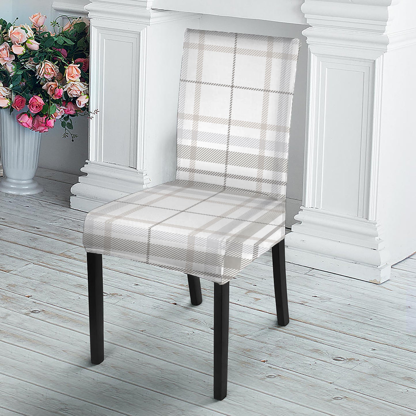 White And Grey Plaid Pattern Print Dining Chair Slipcover