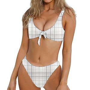 White And Grey Plaid Pattern Print Front Bow Tie Bikini