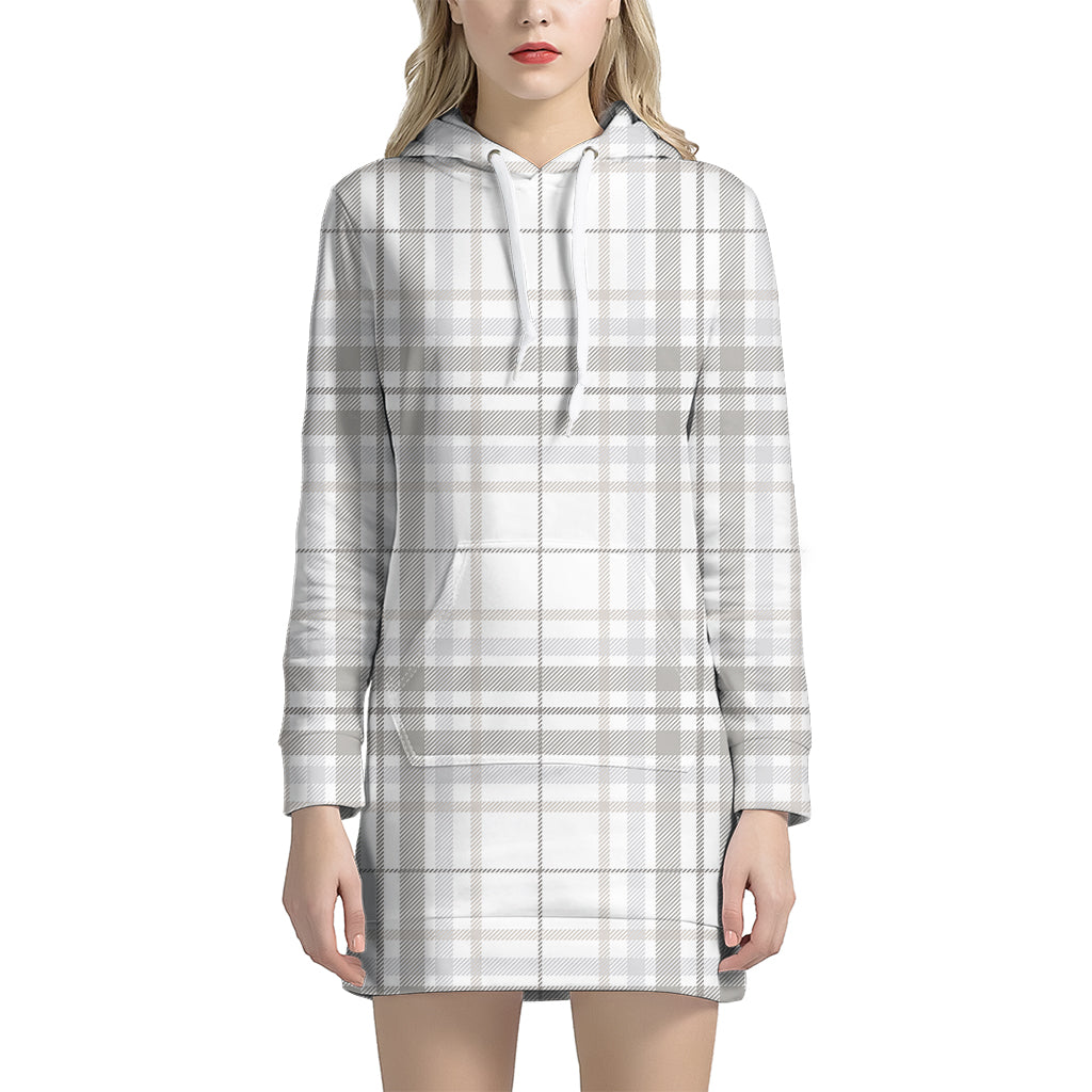 White And Grey Plaid Pattern Print Hoodie Dress