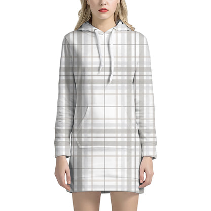 White And Grey Plaid Pattern Print Hoodie Dress