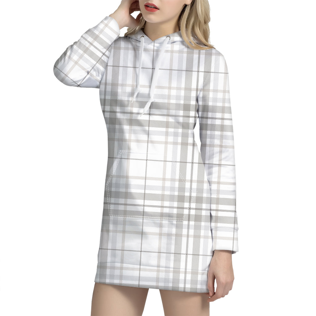 White And Grey Plaid Pattern Print Hoodie Dress