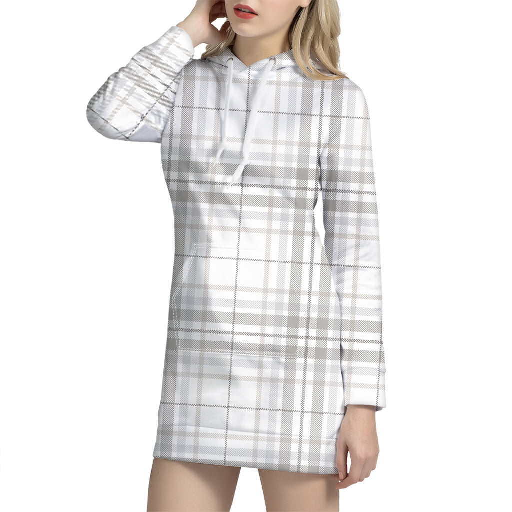 White And Grey Plaid Pattern Print Hoodie Dress