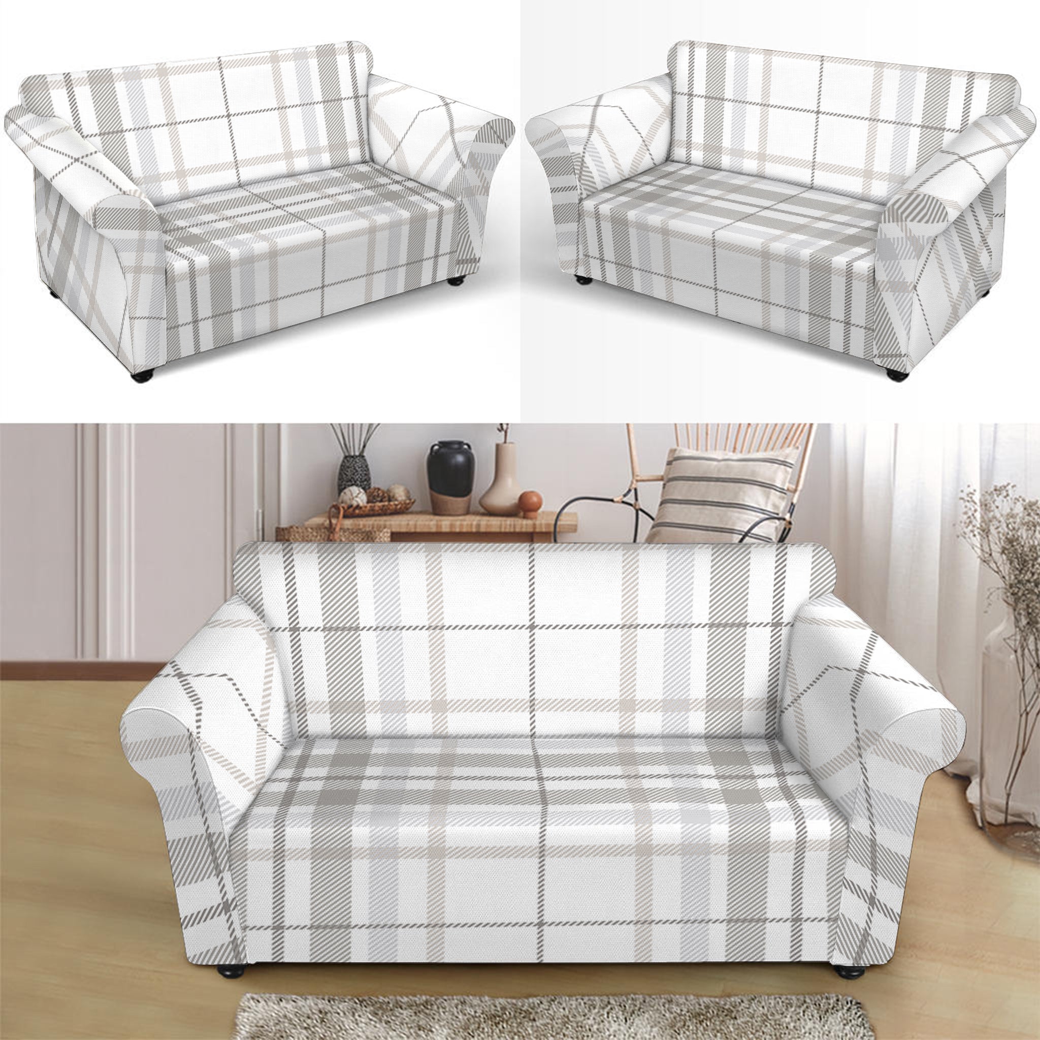 White And Grey Plaid Pattern Print Loveseat Slipcover