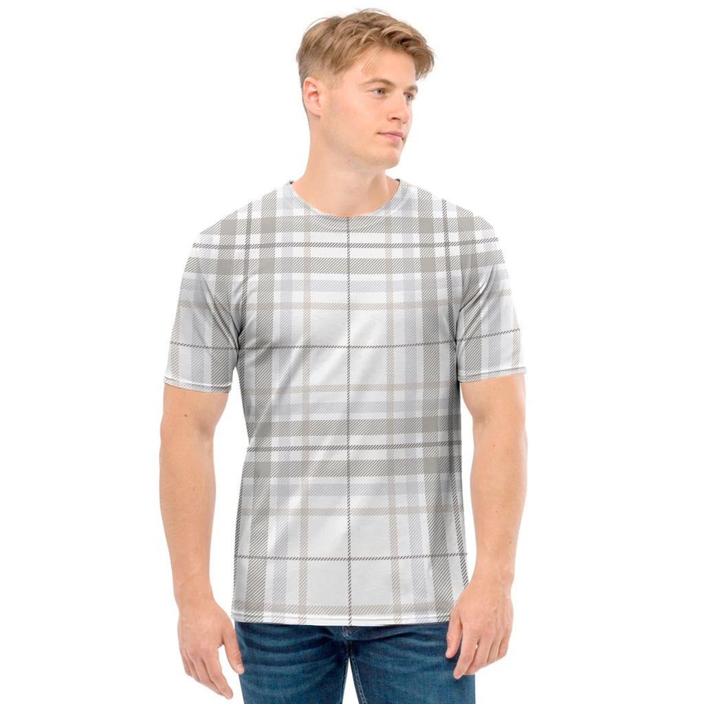 White And Grey Plaid Pattern Print Men's T-Shirt