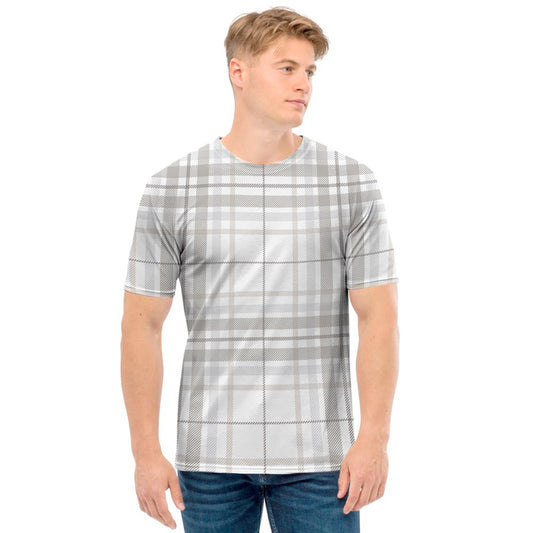 White And Grey Plaid Pattern Print Men's T-Shirt