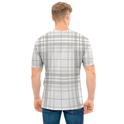 White And Grey Plaid Pattern Print Men's T-Shirt
