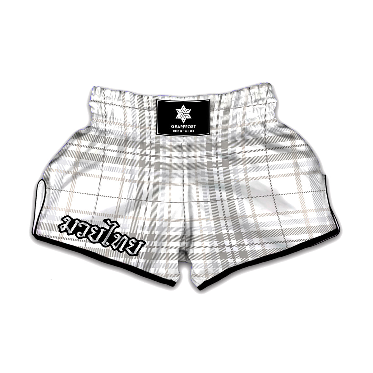 White And Grey Plaid Pattern Print Muay Thai Boxing Shorts