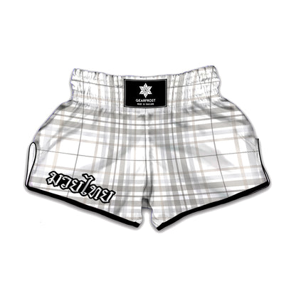 White And Grey Plaid Pattern Print Muay Thai Boxing Shorts