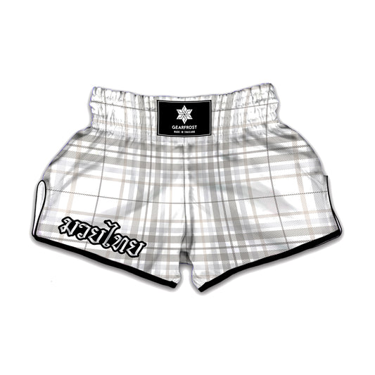 White And Grey Plaid Pattern Print Muay Thai Boxing Shorts