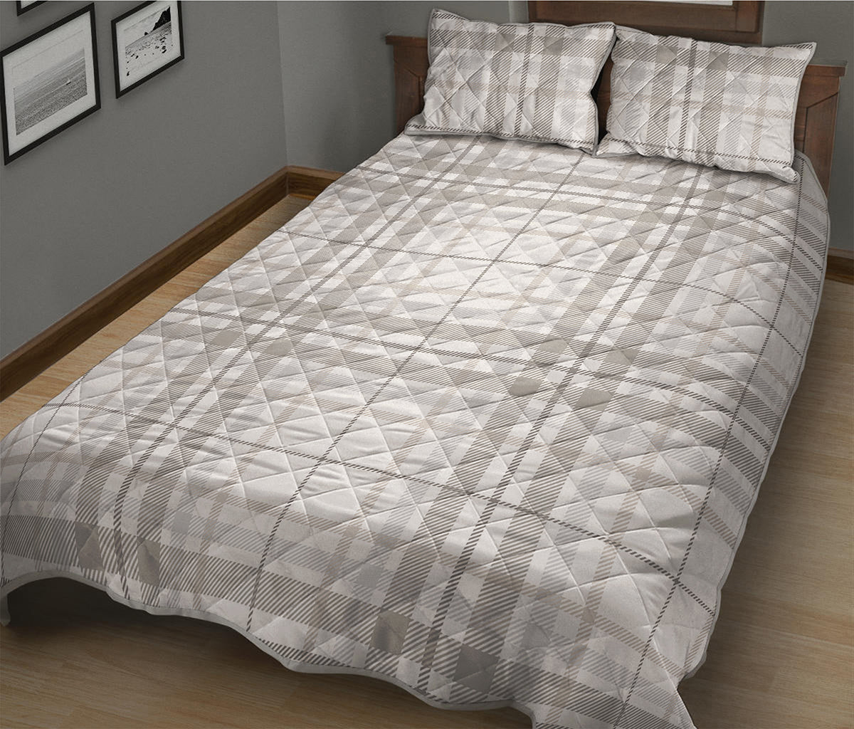 White And Grey Plaid Pattern Print Quilt Bed Set