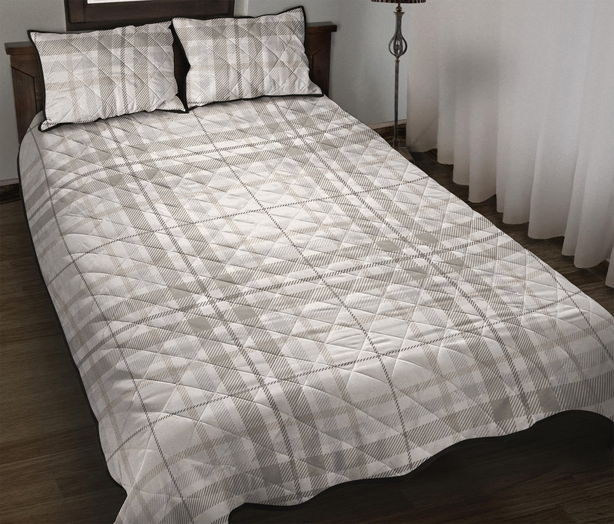 White And Grey Plaid Pattern Print Quilt Bed Set