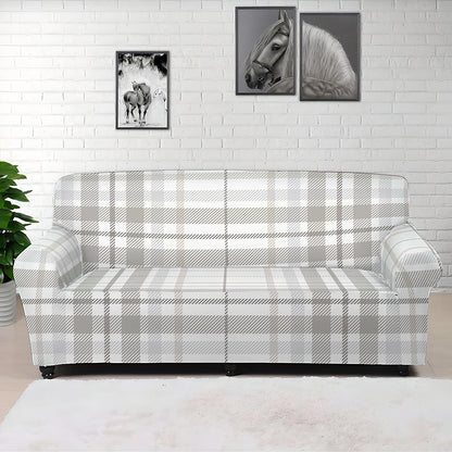 White And Grey Plaid Pattern Print Sofa Cover