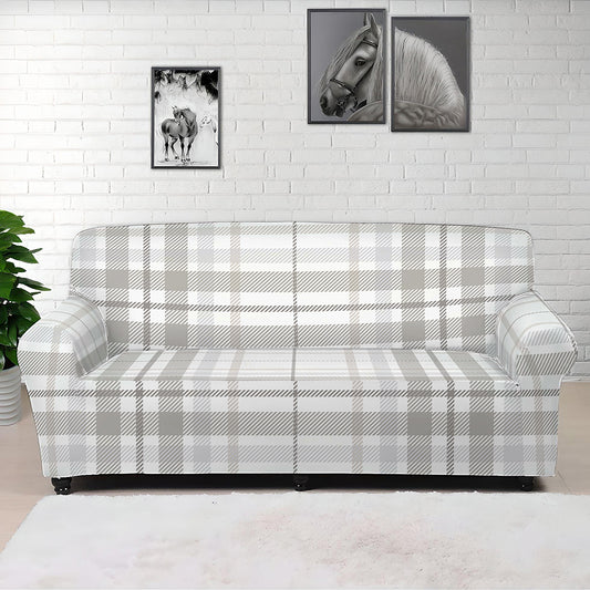 White And Grey Plaid Pattern Print Sofa Cover