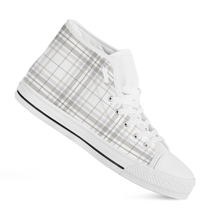 White And Grey Plaid Pattern Print White High Top Shoes