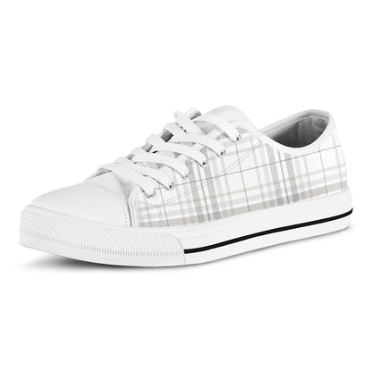 White And Grey Plaid Pattern Print White Low Top Shoes