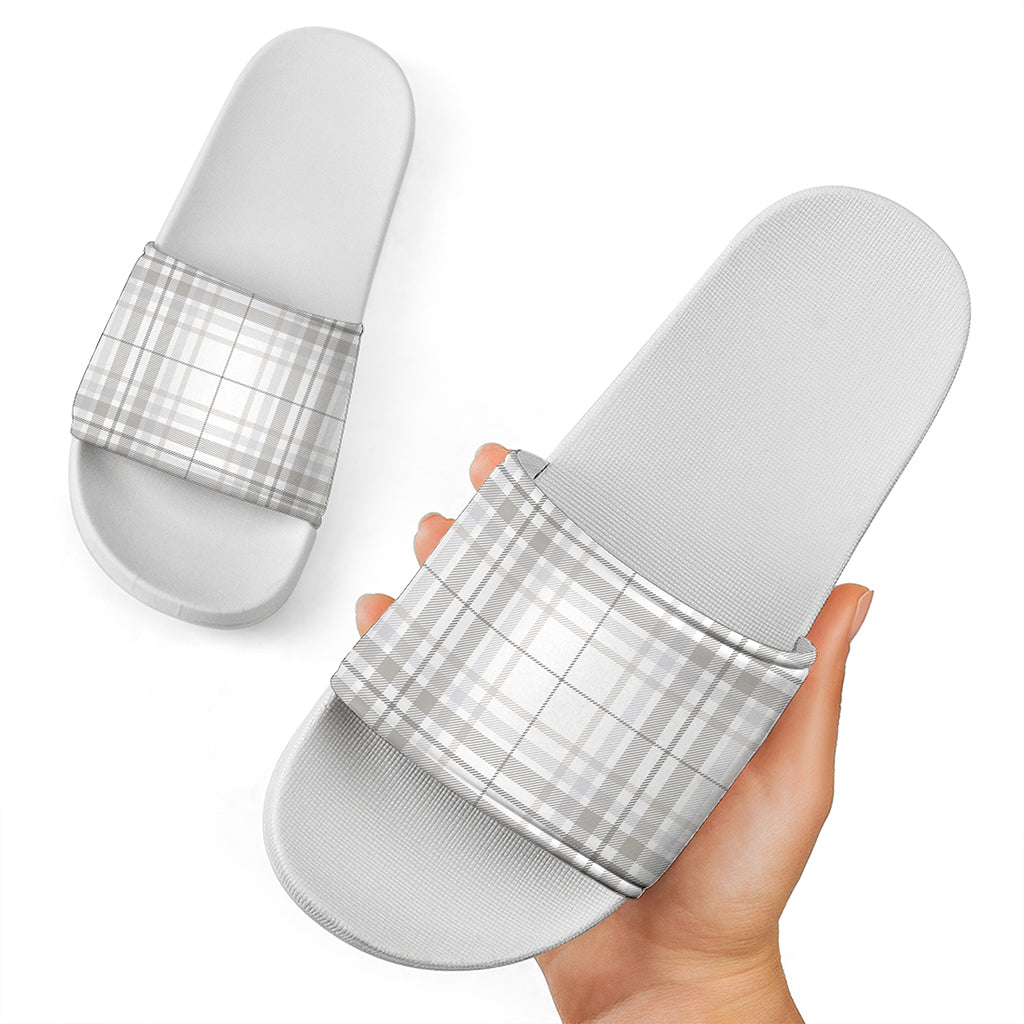 White And Grey Plaid Pattern Print White Slide Sandals