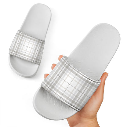 White And Grey Plaid Pattern Print White Slide Sandals