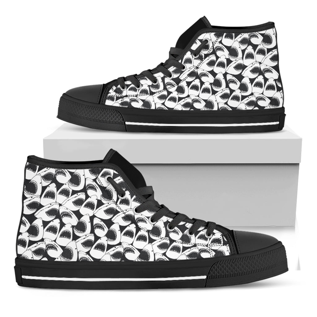 White And Grey Shark Pattern Print Black High Top Shoes