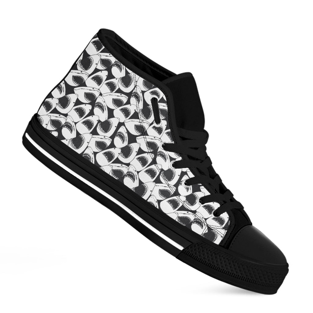 White And Grey Shark Pattern Print Black High Top Shoes