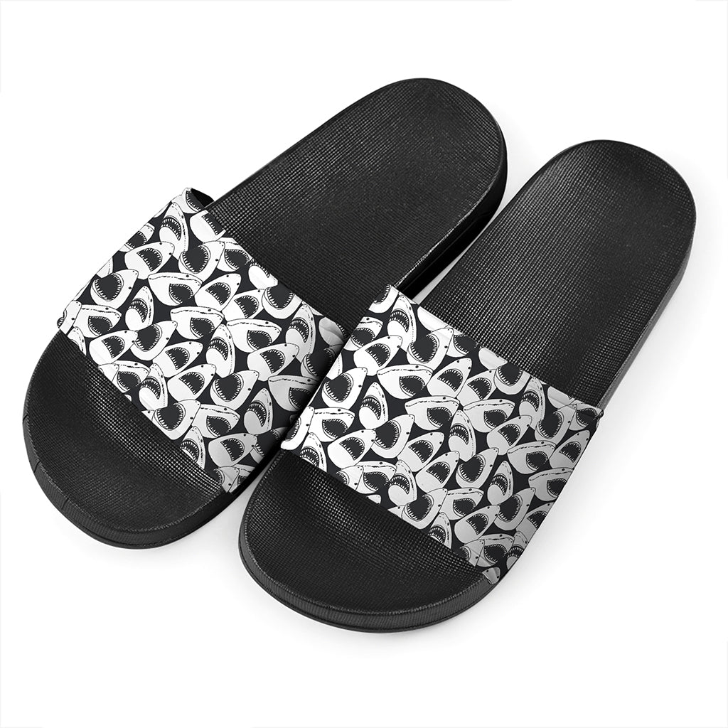 White And Grey Shark Pattern Print Black Slide Sandals