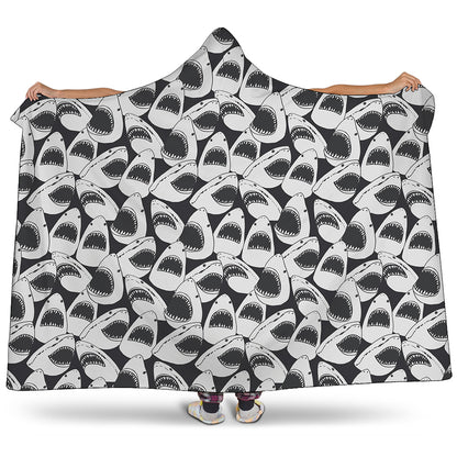 White And Grey Shark Pattern Print Hooded Blanket